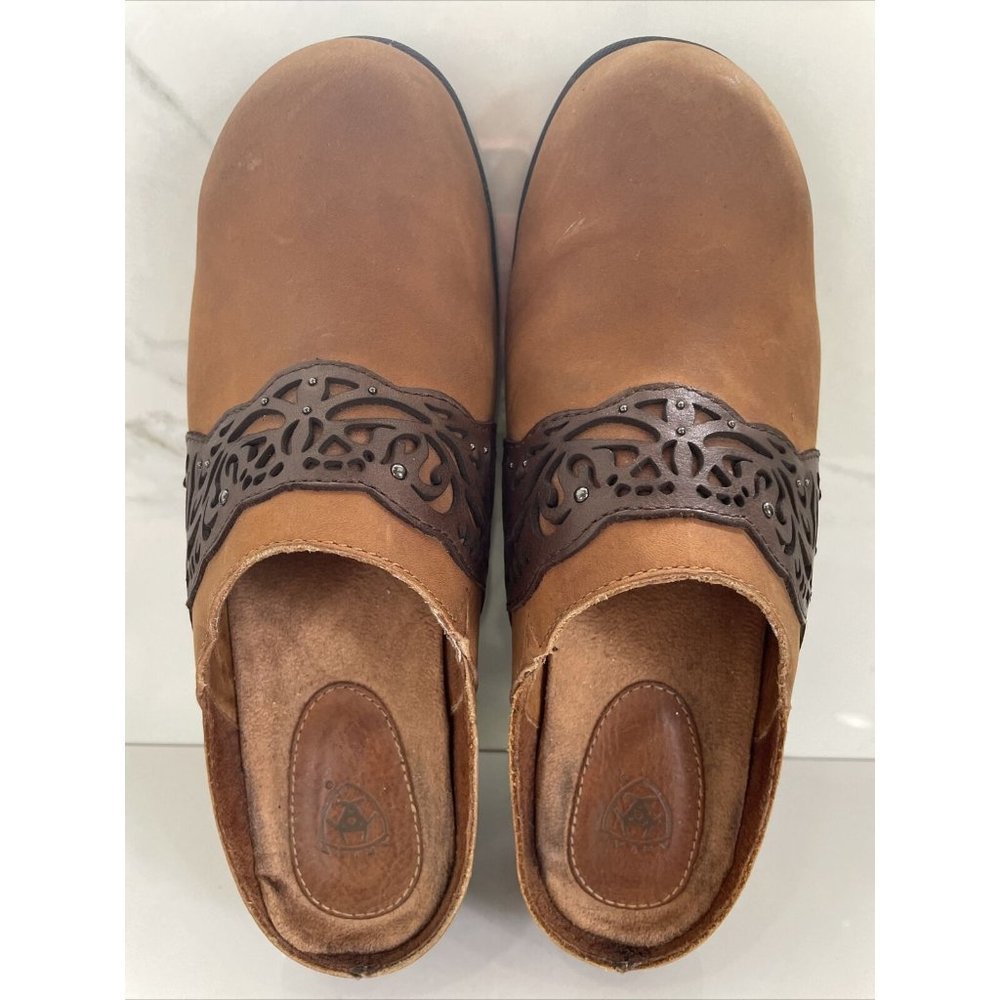 Womens Ariat Clogs Brown Tan Leather Mules Slip On Size 8 - Picture 4 of 12